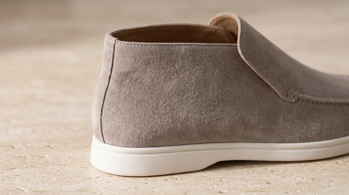 Close-up of the Amalfi Beige Loafers' high collar and white sole
