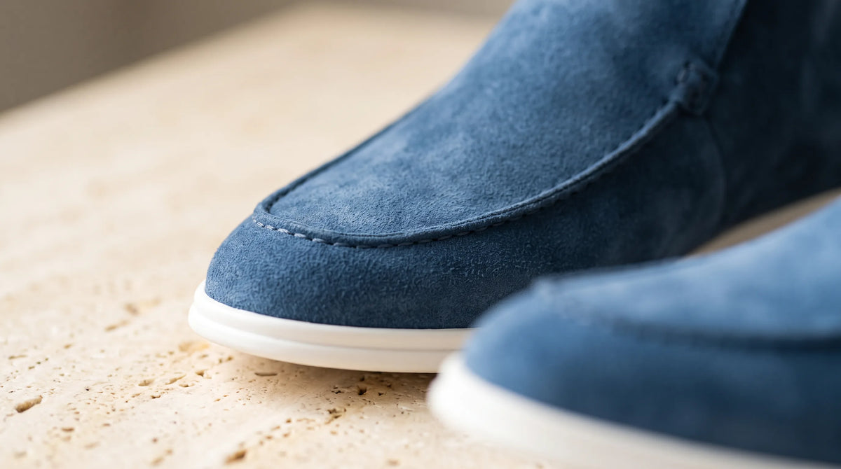 Close-up of the Amalfi Dark Blue Loafers' stitched moc toe