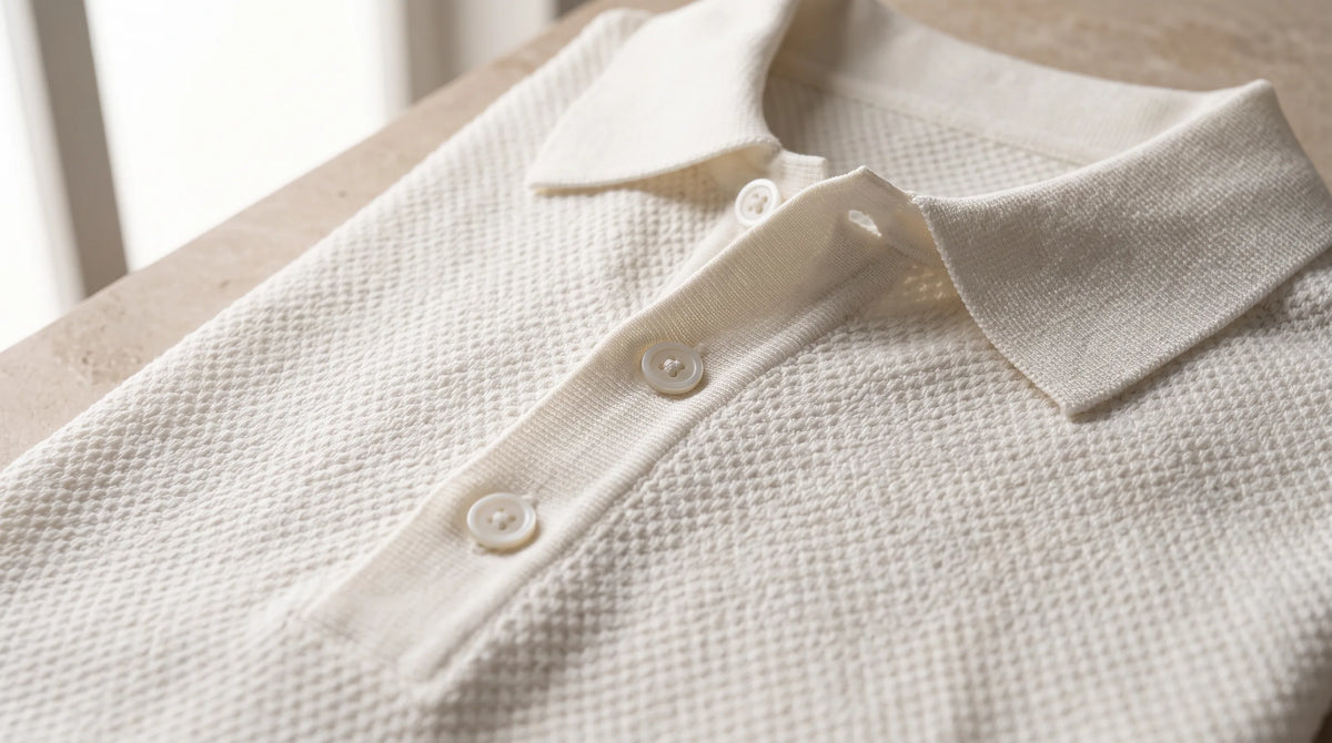 Close-up of the Amalfi Polo's spread collar and button placket
