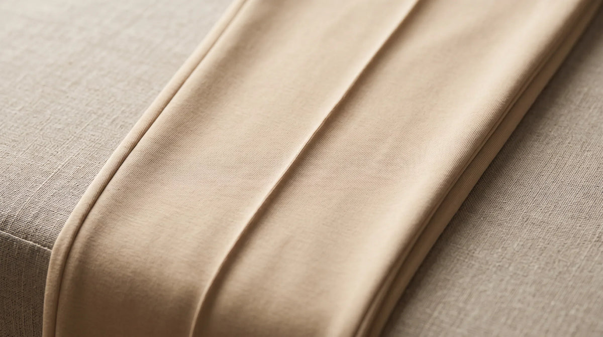 Close-up of the Beige Drawstring Yacht Trousers' pressed leg line