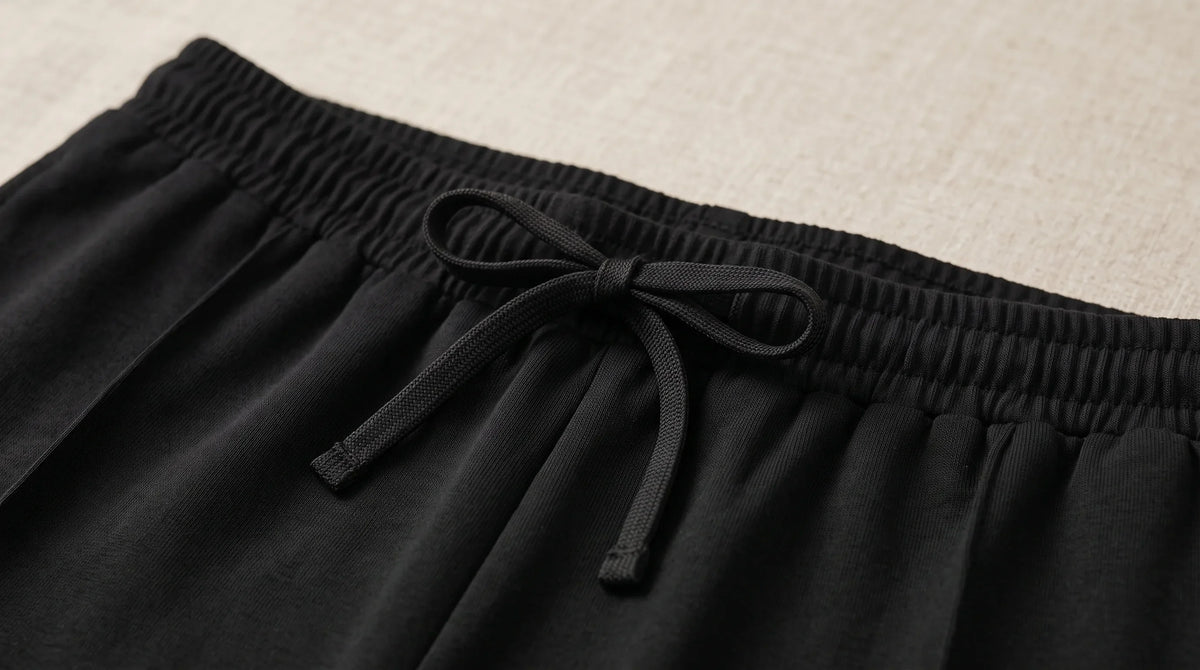 Close-up of the Black Drawstring Yacht Trousers' drawstring waistband
