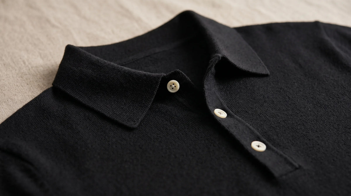 Close-up of the Capri Polo's spread collar and button placket
