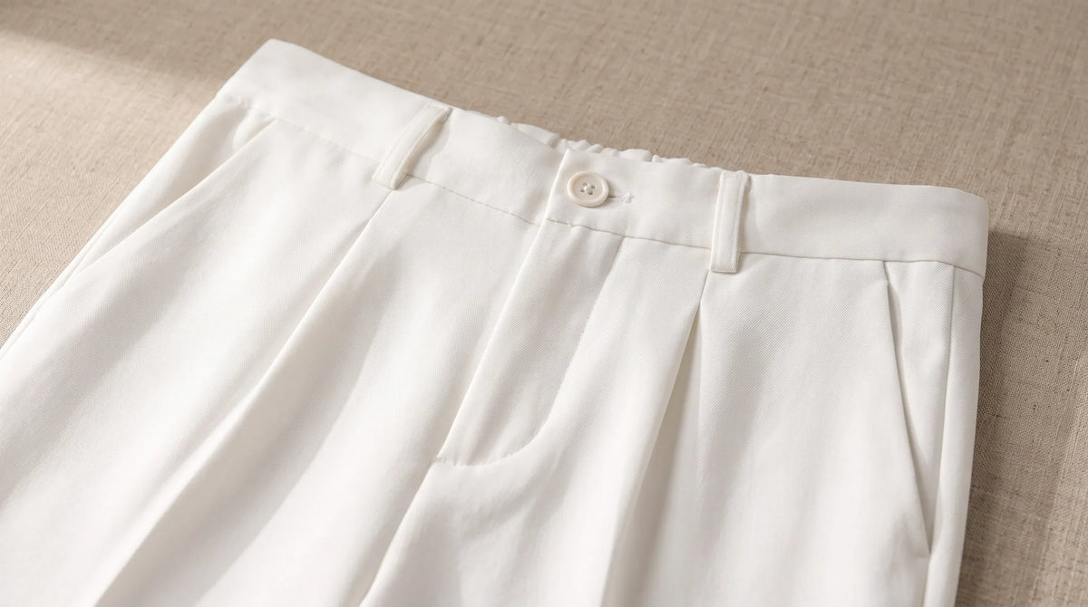 Close-up of the Cervo Pleated Trouser's waistband and double pleats