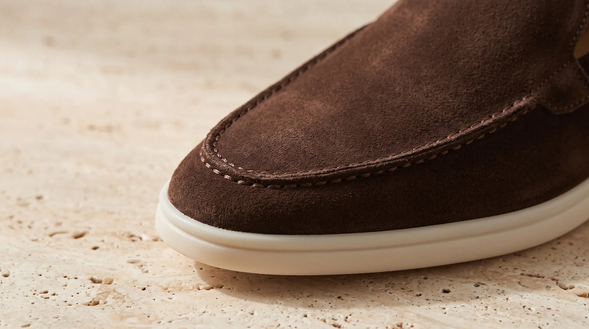 Close-up of the Coffee Yacht Loafers' stitched apron toe