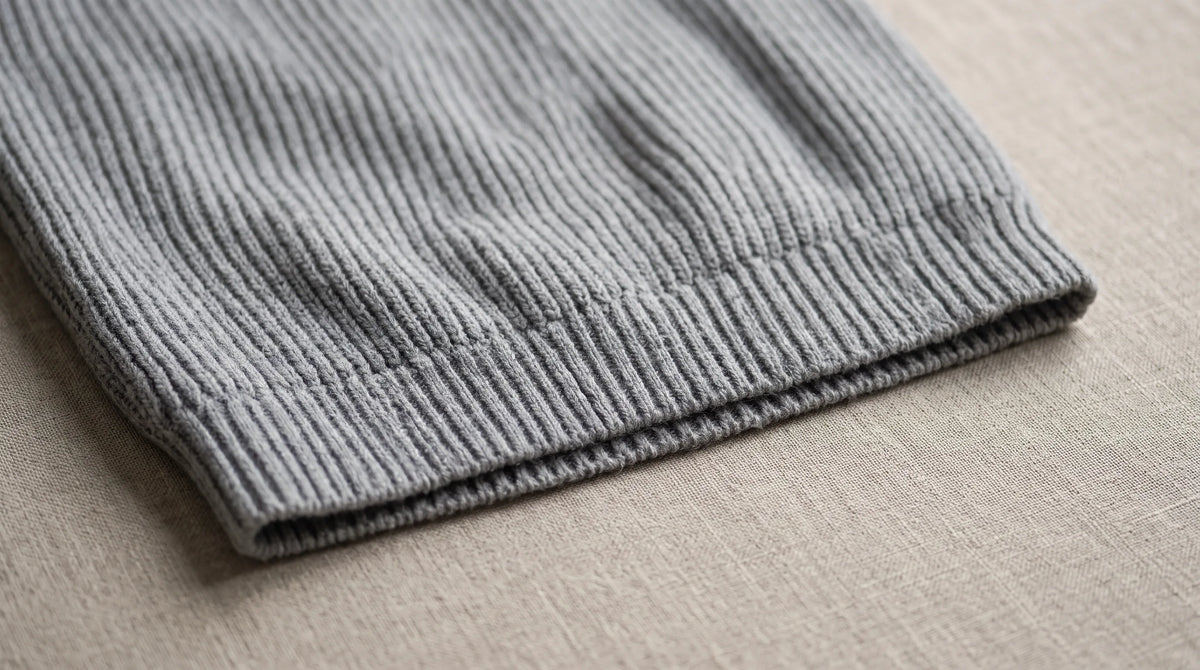 Close-up of the Como Gray Half-Zip Knit's ribbed hem and chunky rib knit