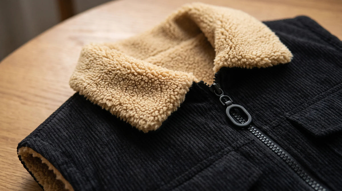 Black corduroy and the sherpa collar of the Cortina gilet