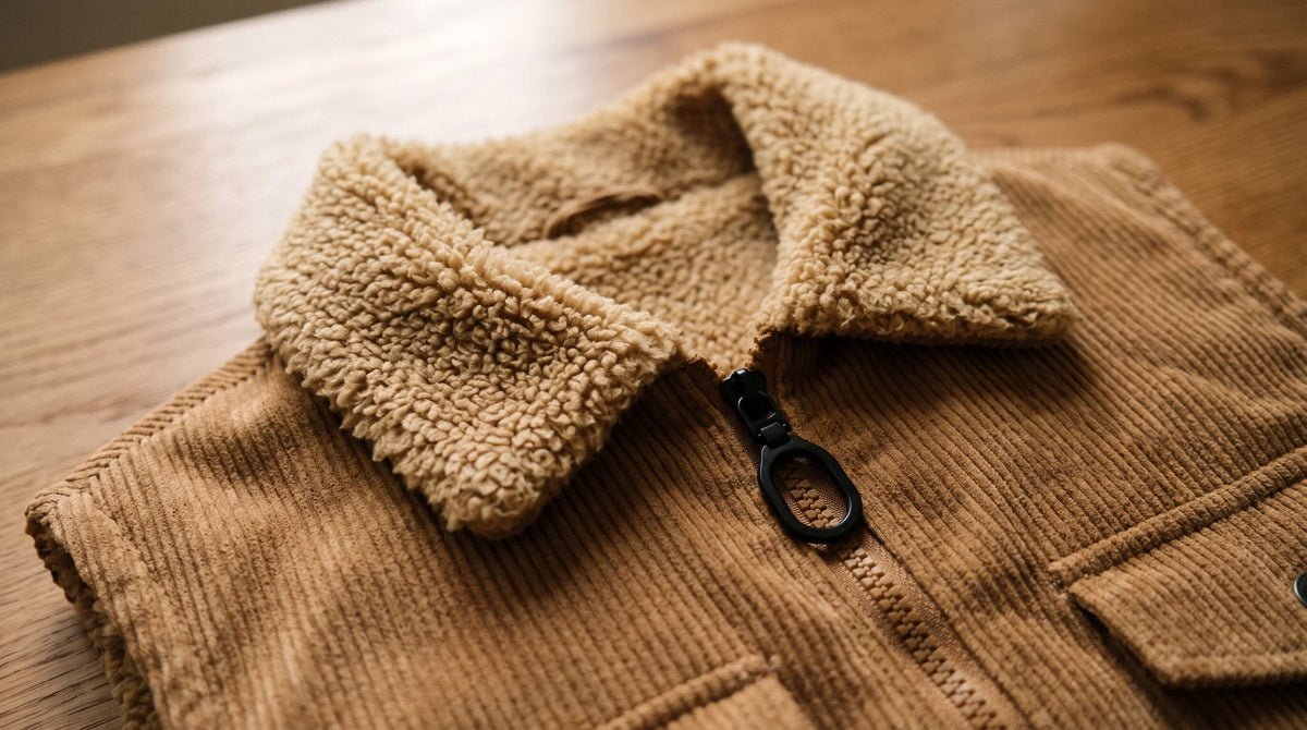 Caramel corduroy and the sherpa collar of the Cortina gilet