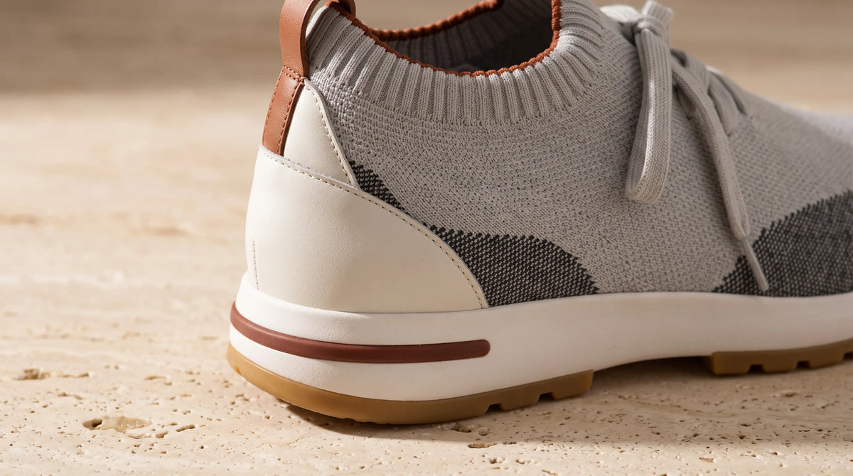 Close-up of the Cove Marina Grey Knit heel and sole