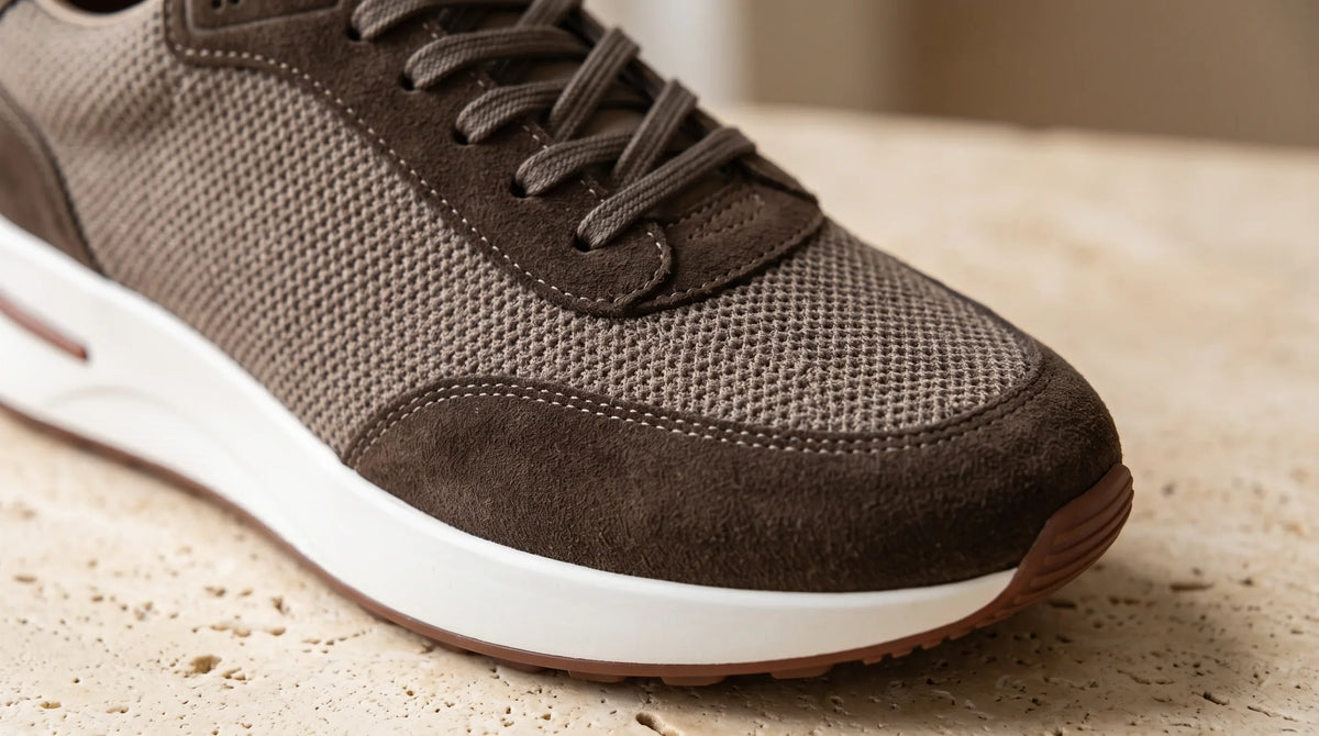 Close-up of the Espresso Cove Trainer's suede and mesh upper