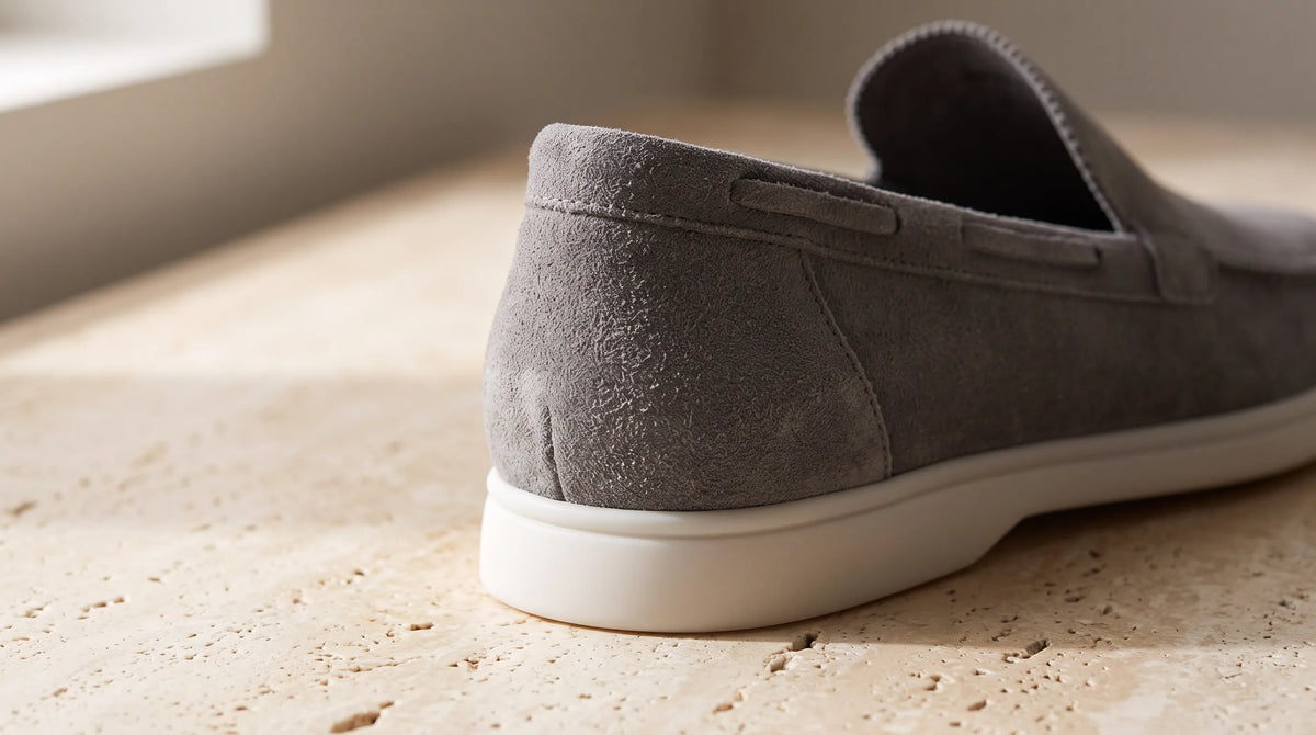 Close-up of the Grey Yacht Loafers' white sole and napped upper