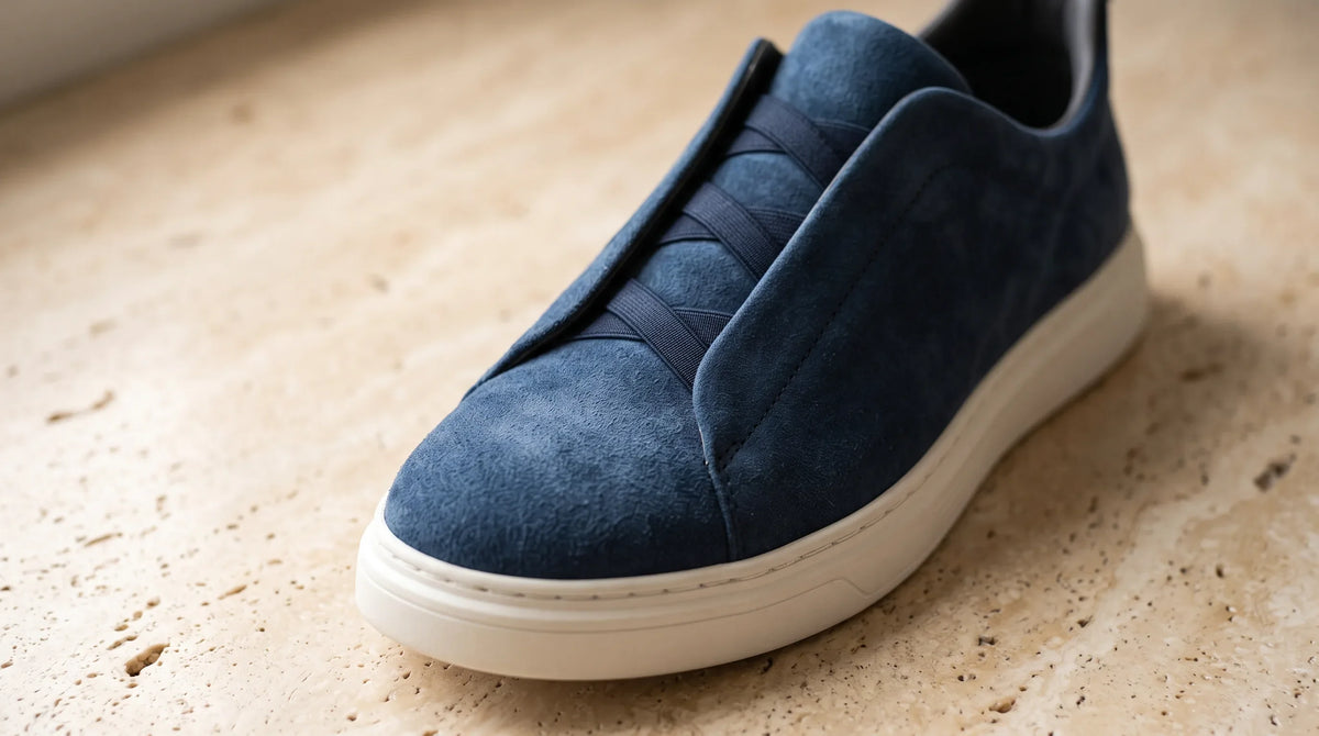 Close-up of the Milano Blue Sneakers' suede upper and slip-on opening