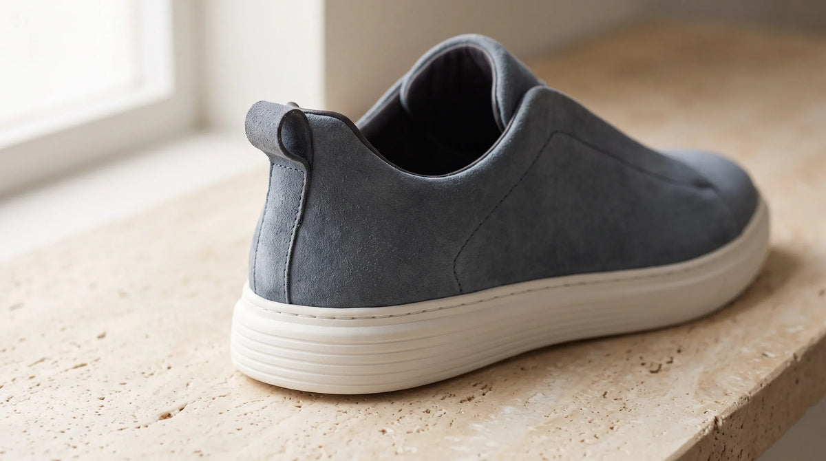 Close-up of the Milano Gray Sneakers' heel and white sole