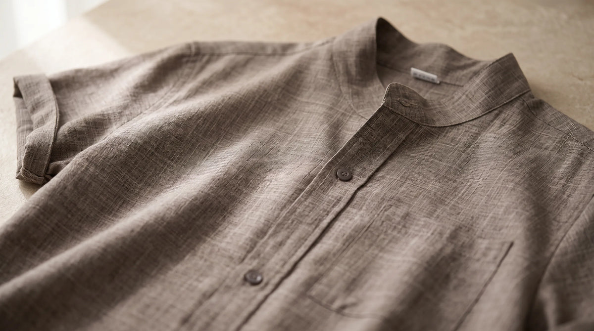 Close-up of the Portside Linen Polo's mandarin collar and placket