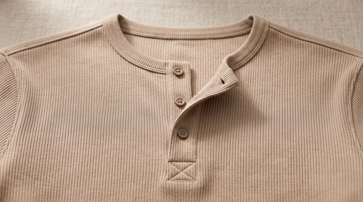 Close-up of the Ravello Beige Henley's henley button placket