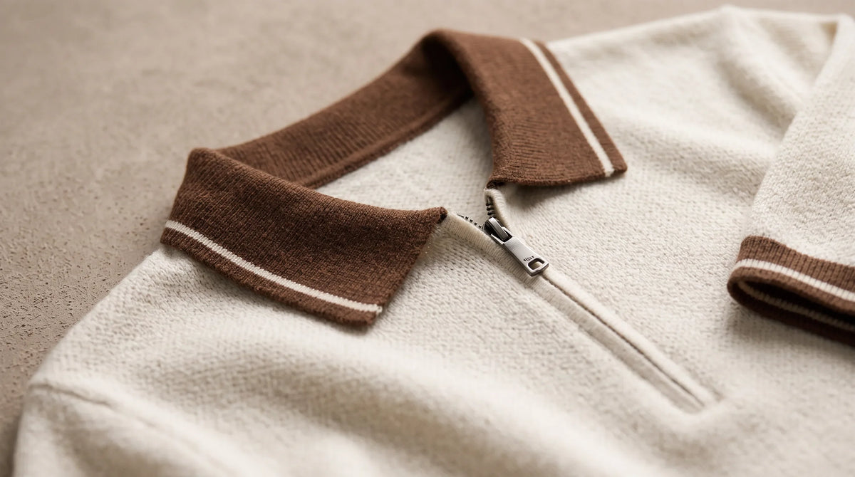 Close-up of the Recco Knit Polo's contrast collar and zip placket