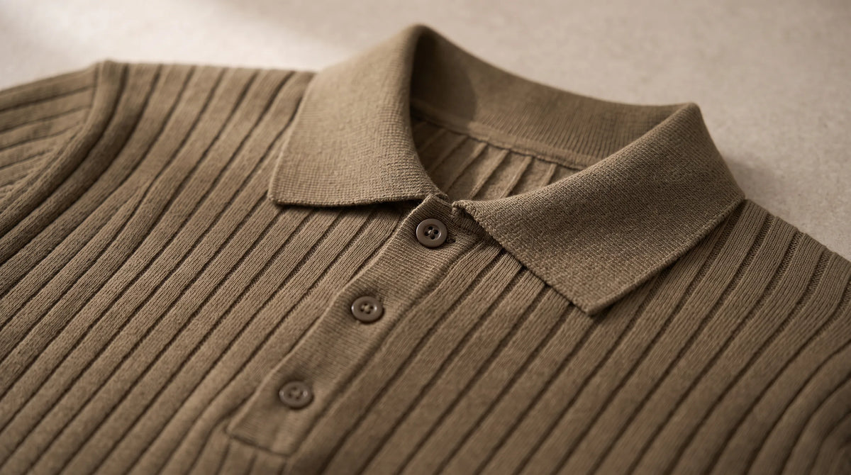 Close-up of the Riviera Ribbed Polo's spread collar and button placket
