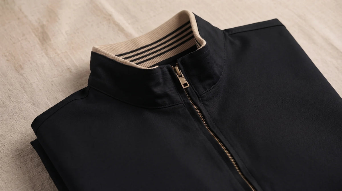 Stand collar and zip of the Lavagna Black jacket