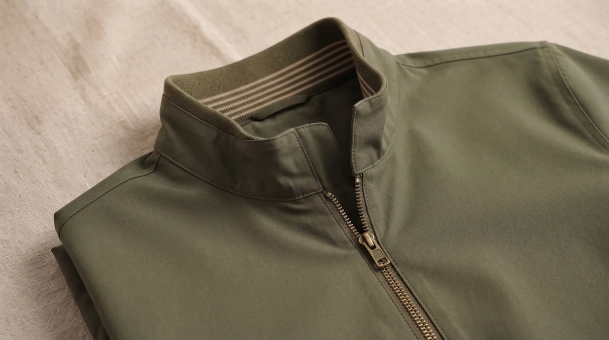 Stand collar and zip of the Lavagna Olive jacket