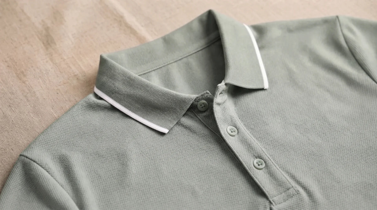 Collar and placket of the Morino sage polo