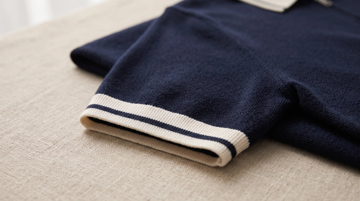 Close-up of the Varigotti Knit Polo's tipped cuff and fine textured knit