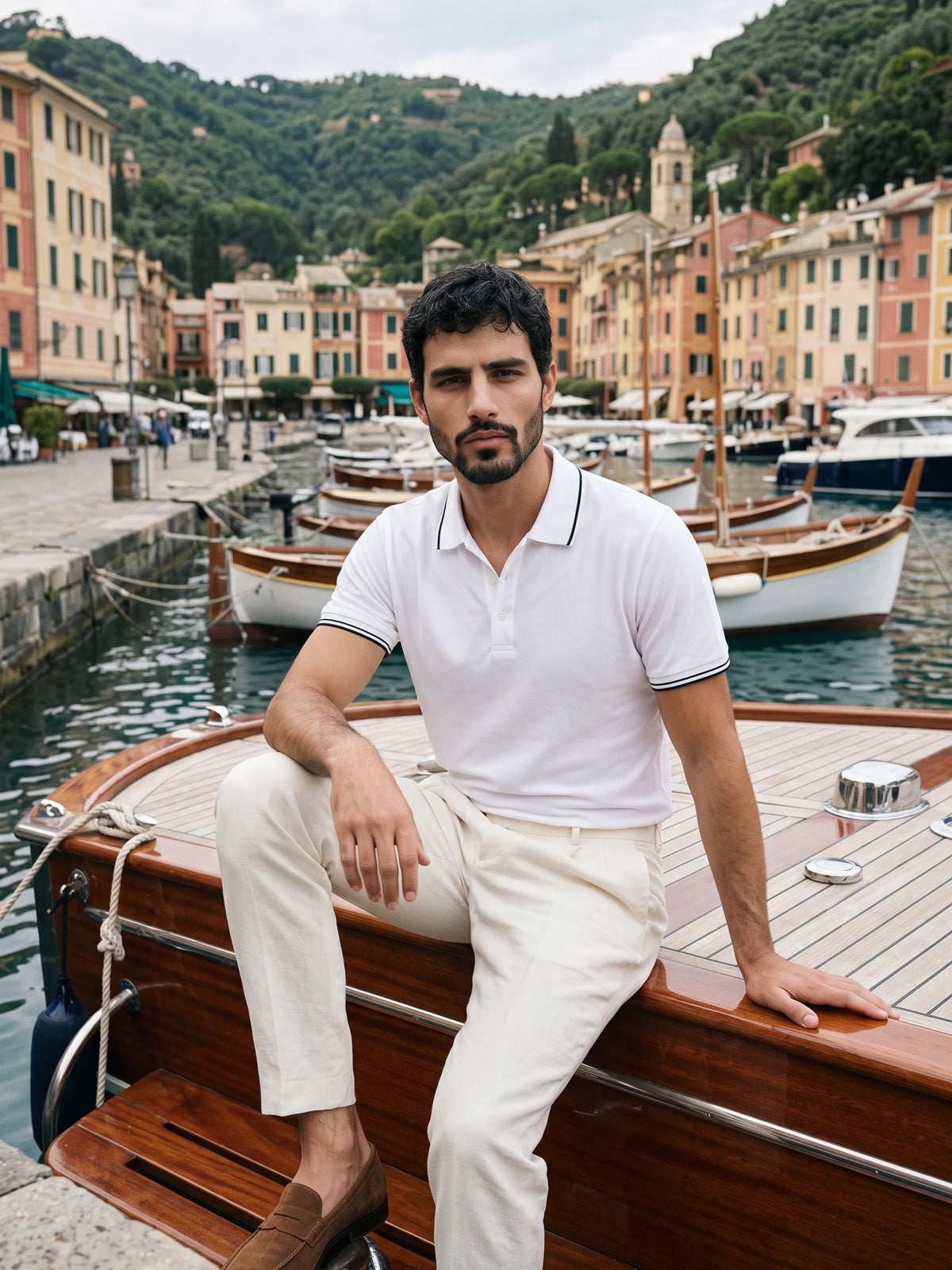 Morino White Polo on the deck of a wooden motorboat in Portofino