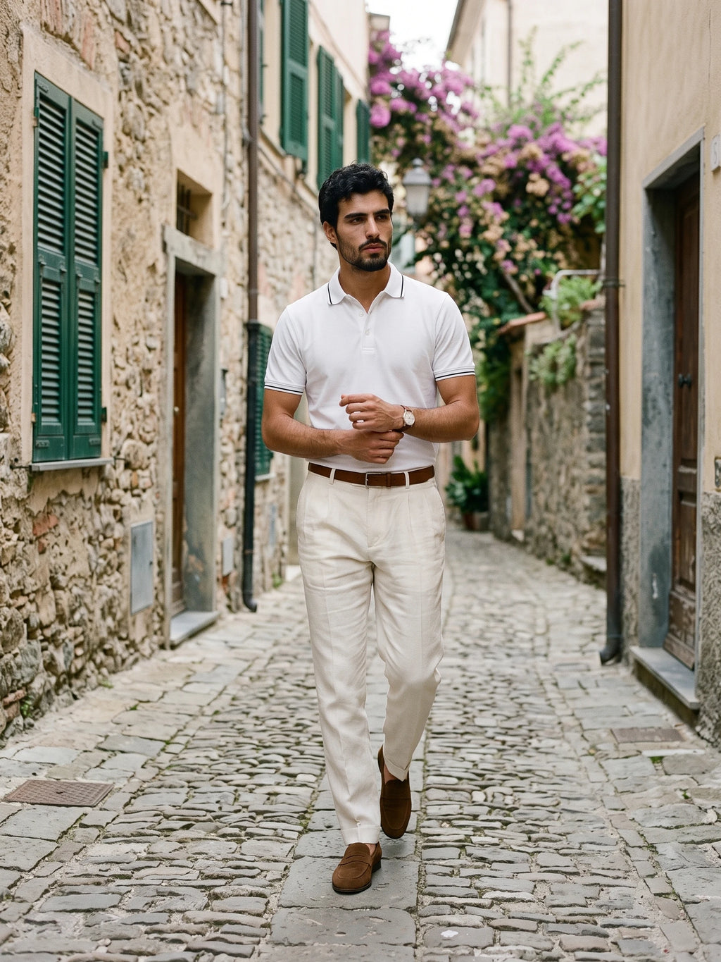 Morino White Polo in a cobblestone village lane