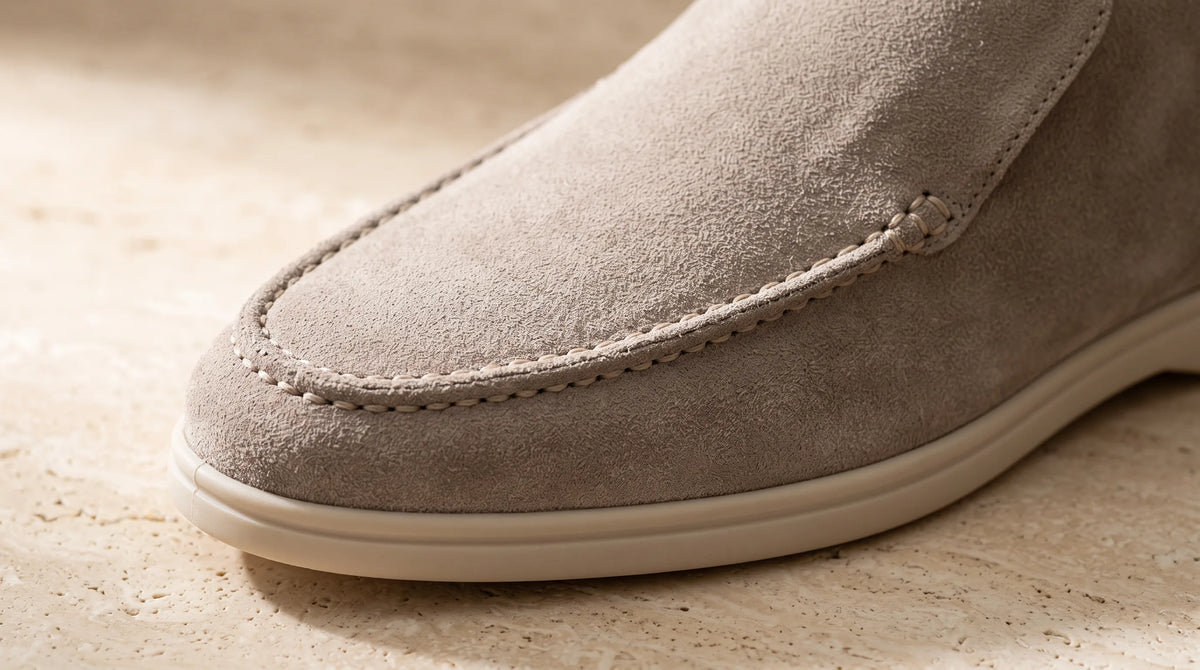 Close-up of the Amalfi Beige Loafers' stitched moc toe
