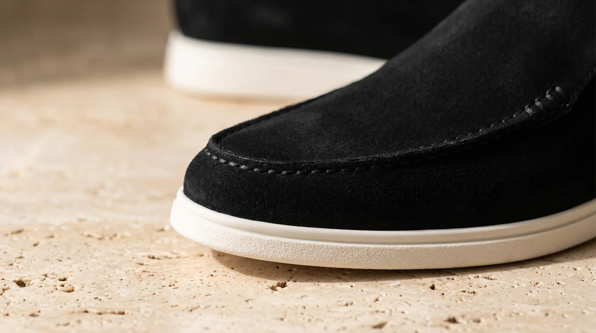 Close-up of the Amalfi Black Loafers' stitched moc toe