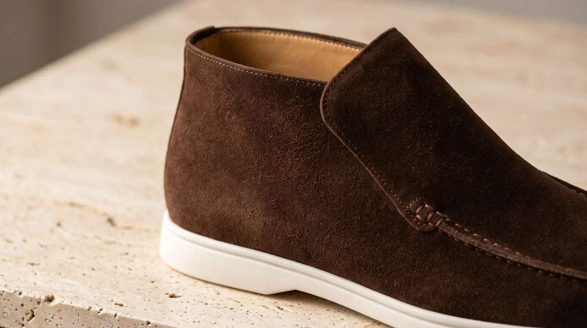 Close-up of the Amalfi Dark Brown Loafers' high collar and white sole