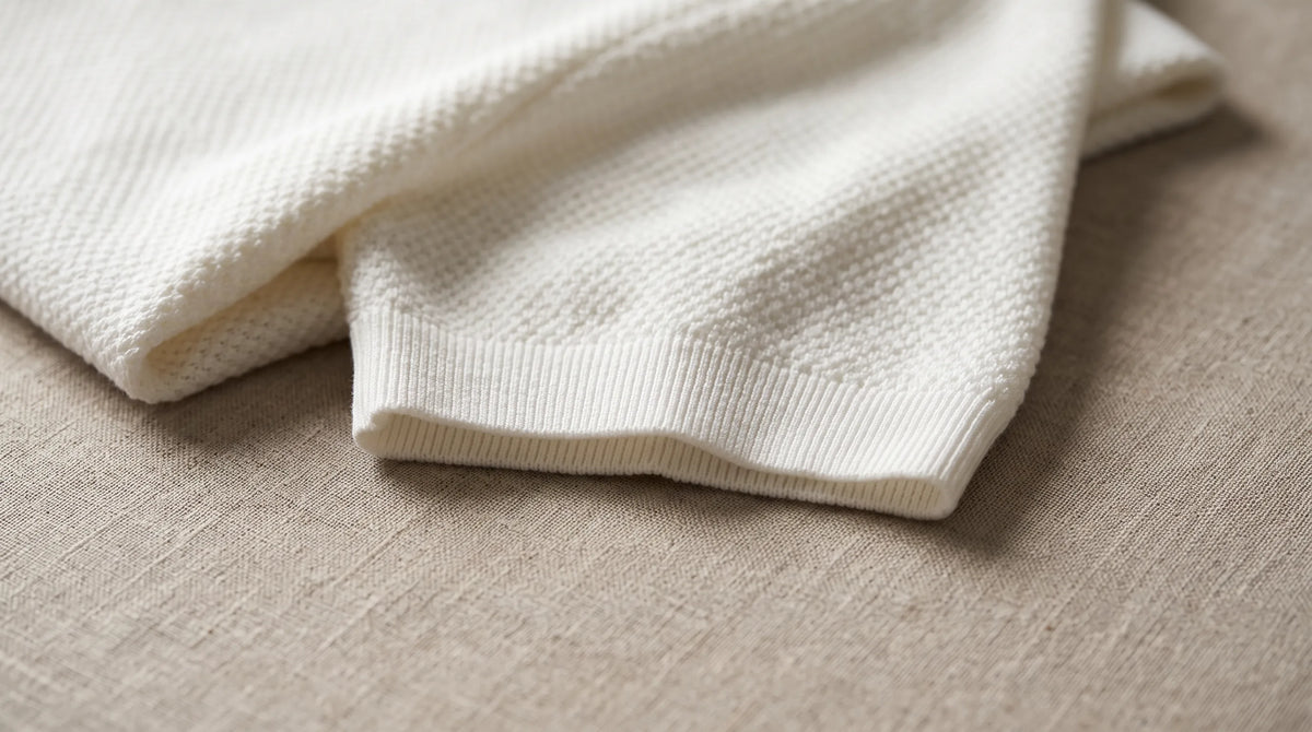 Close-up of the Amalfi Polo's sleeve and finely textured pebble weave knit