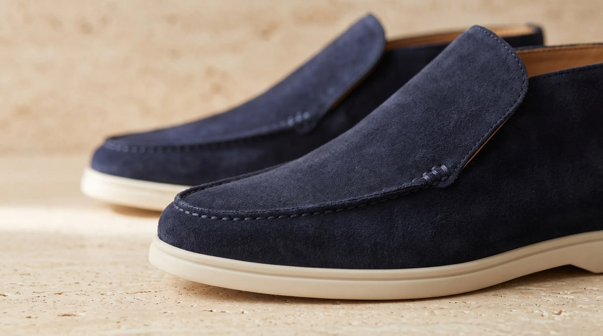 Close-up of the Amalfi Navy Loafers' stitched moc toe