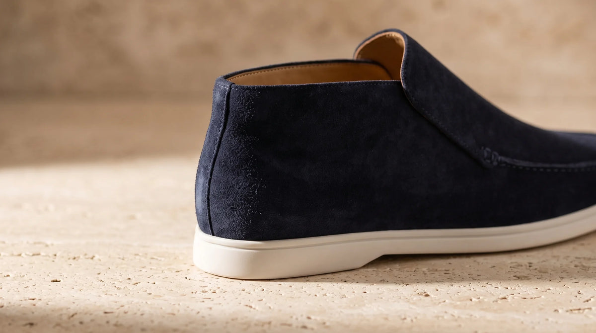 Close-up of the Amalfi Navy Loafers' high collar and white sole