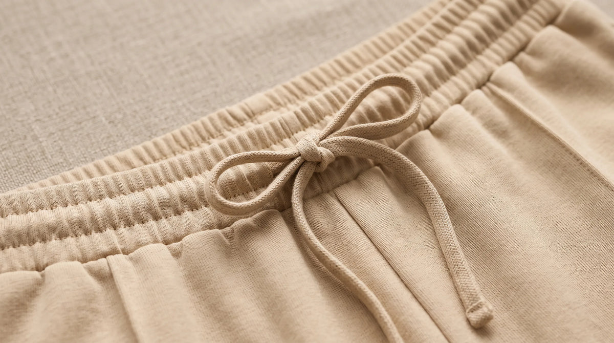 Close-up of the Beige Drawstring Yacht Trousers' drawstring waistband