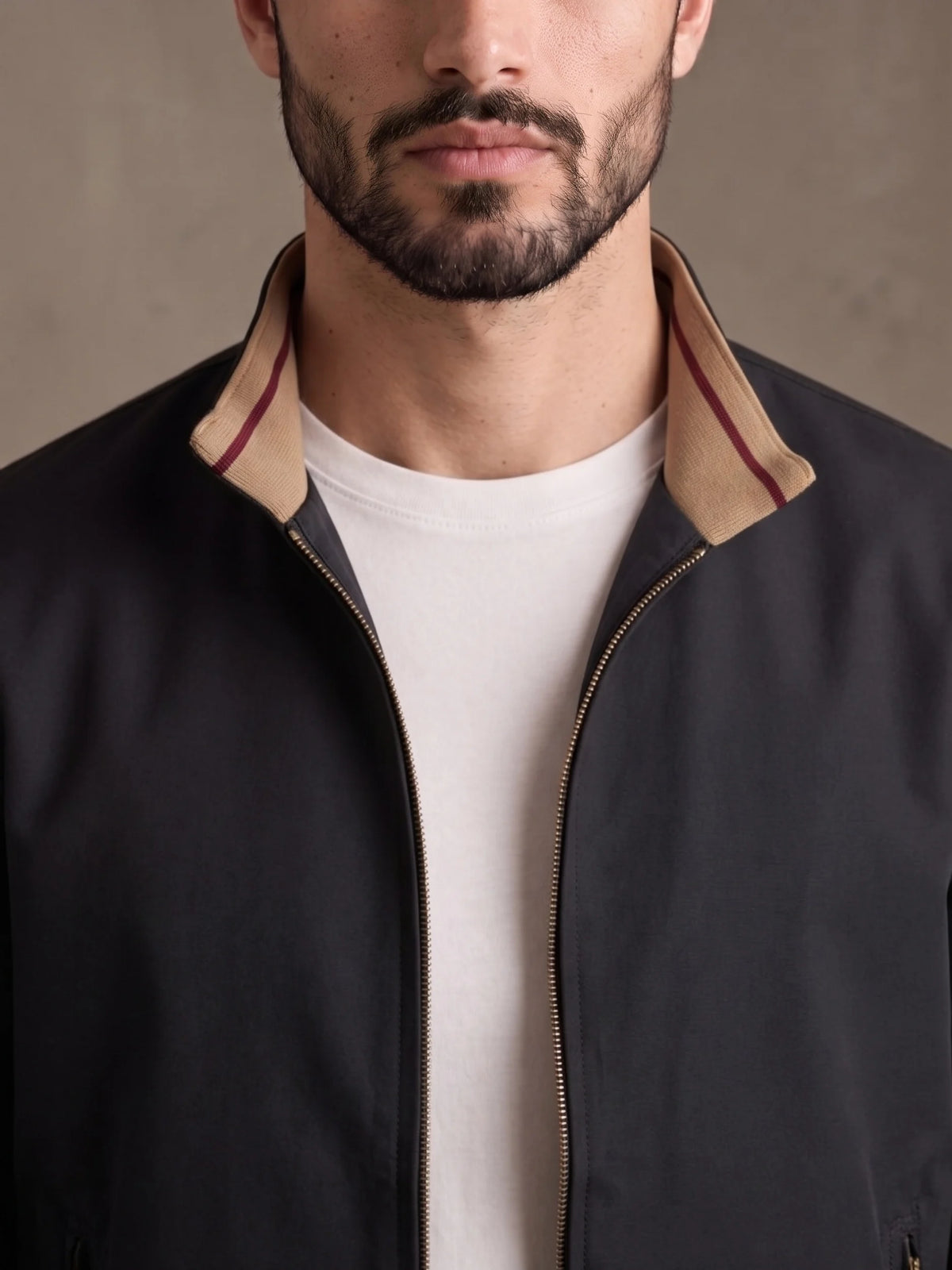 Close-up of the stand collar and brass zip
