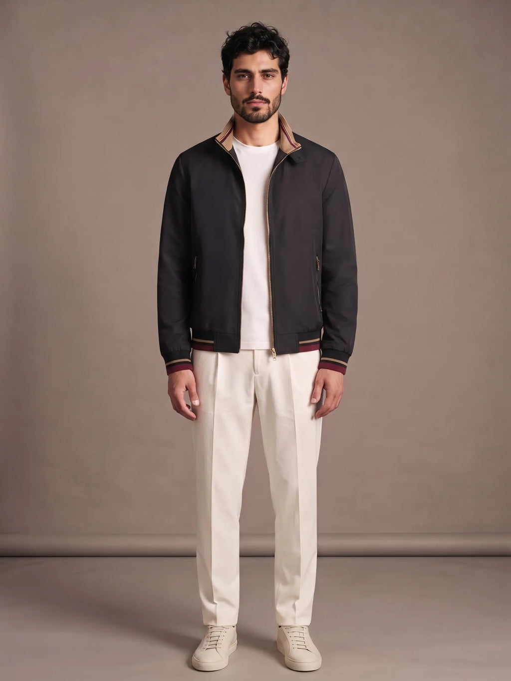 Camogli Black Casual Jacket worn with ivory trousers