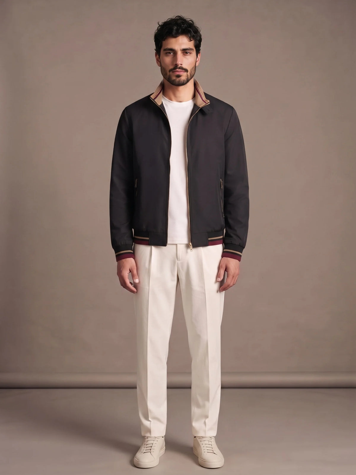 Camogli Black Casual Jacket worn with ivory trousers