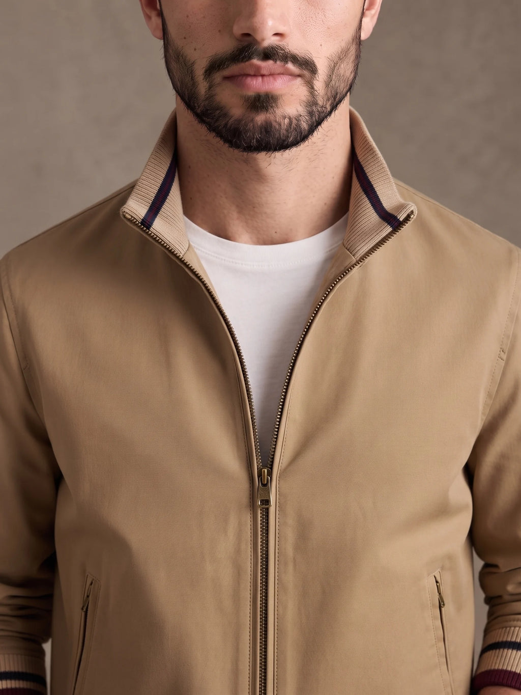 Close-up of the stand collar and brass zip