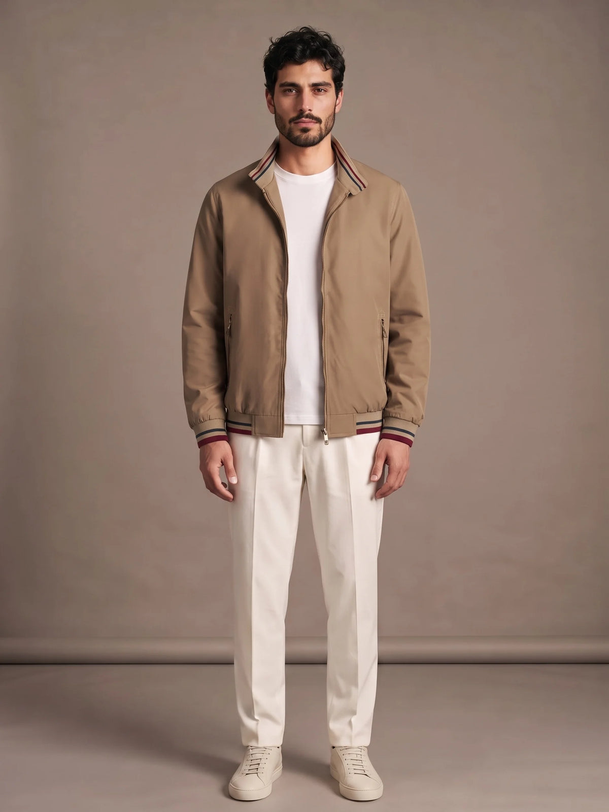 Camogli Khaki Casual Jacket worn with ivory trousers