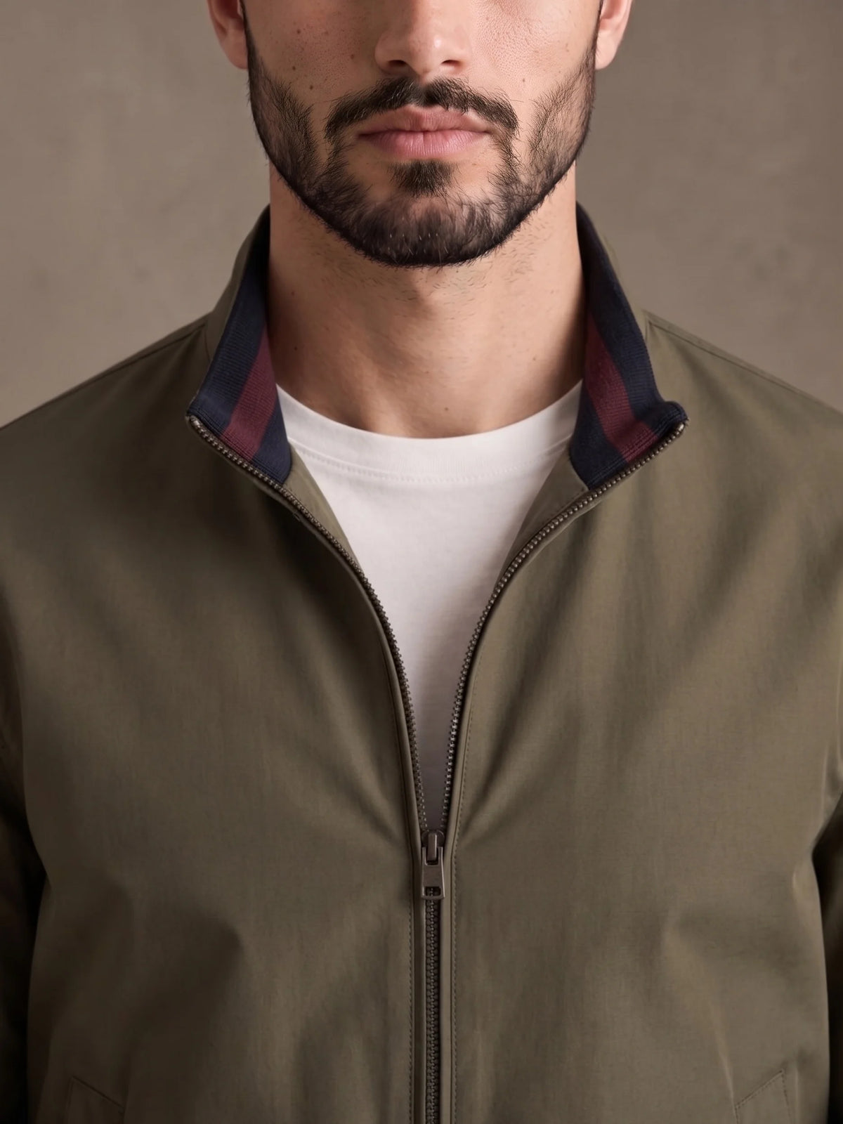 Close-up of the stand collar and brass zip
