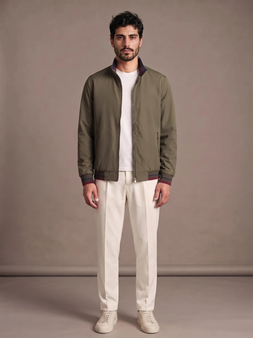 Camogli Olive Casual Jacket worn with ivory trousers