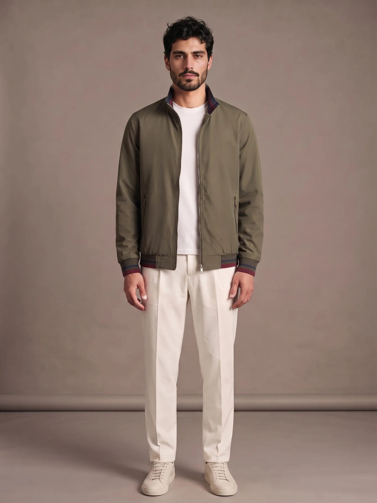 Camogli Olive Casual Jacket worn with ivory trousers