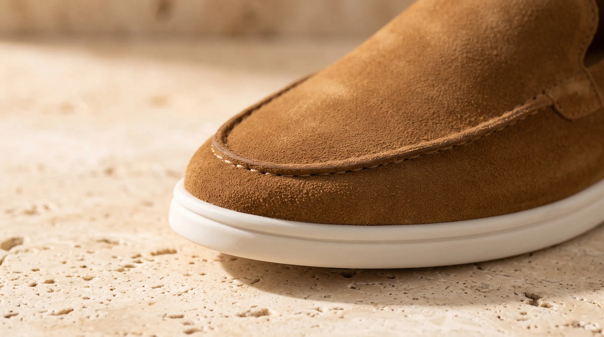 Close-up of the Caramel Yacht Loafers' stitched apron toe