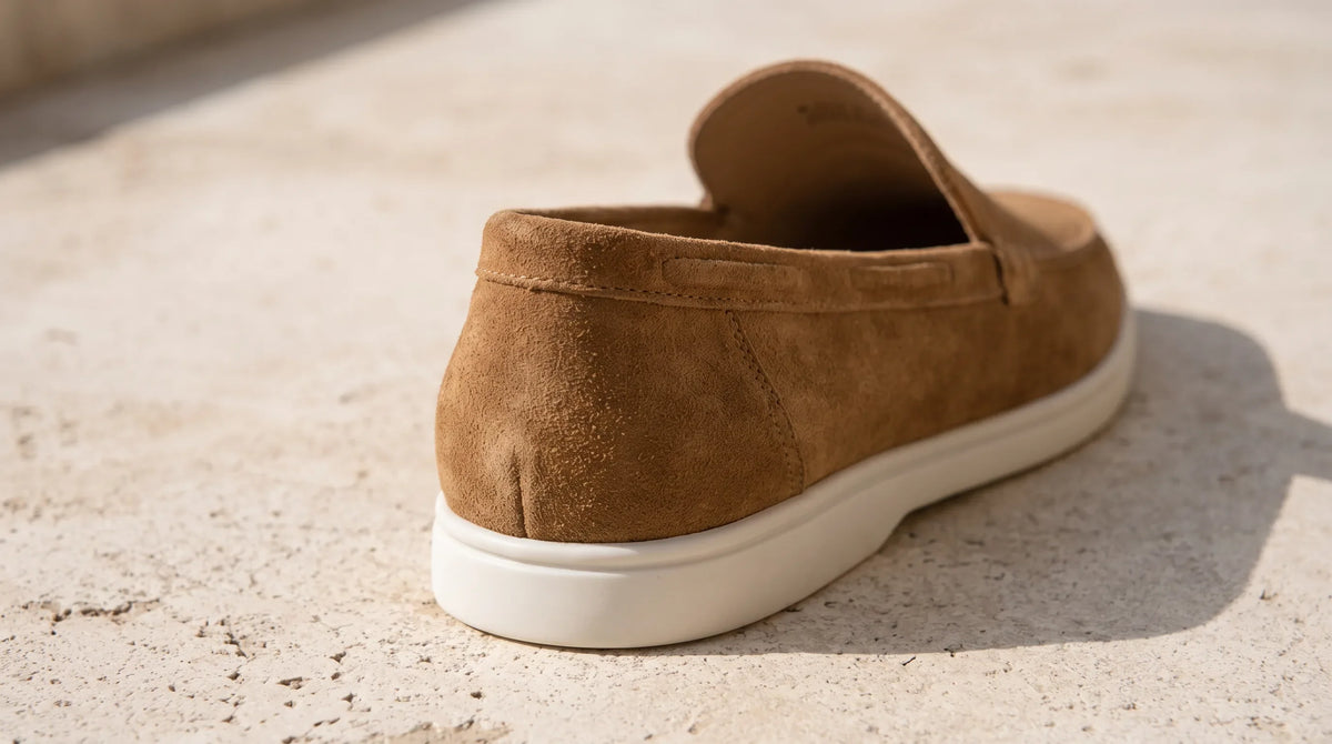Close-up of the Caramel Yacht Loafers' white sole and napped upper