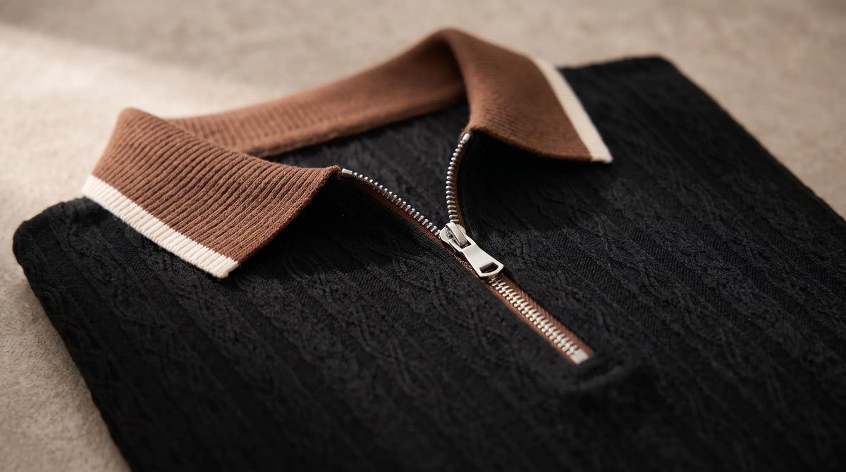 Close-up of the Chiavari Knit Polo's contrast collar and zip placket