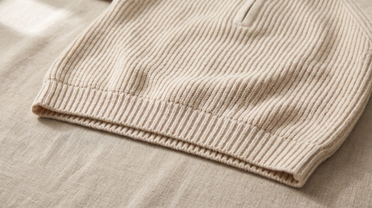 Close-up of the Como Beige Half-Zip Knit's ribbed hem and chunky rib knit