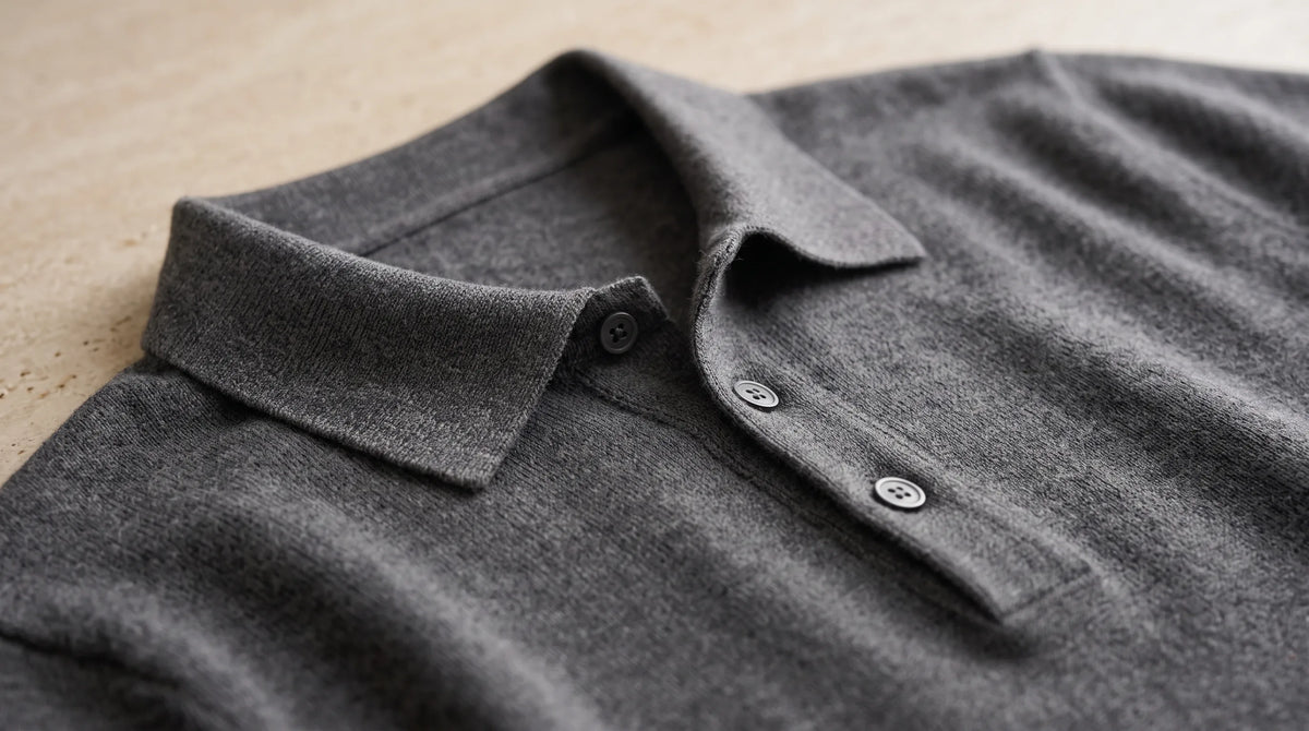 Close-up of the Como Polo's spread collar and button placket