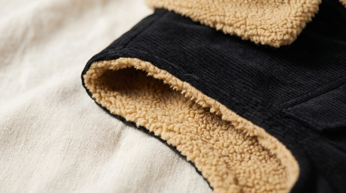 The sherpa lining at the armhole of the black Cortina gilet