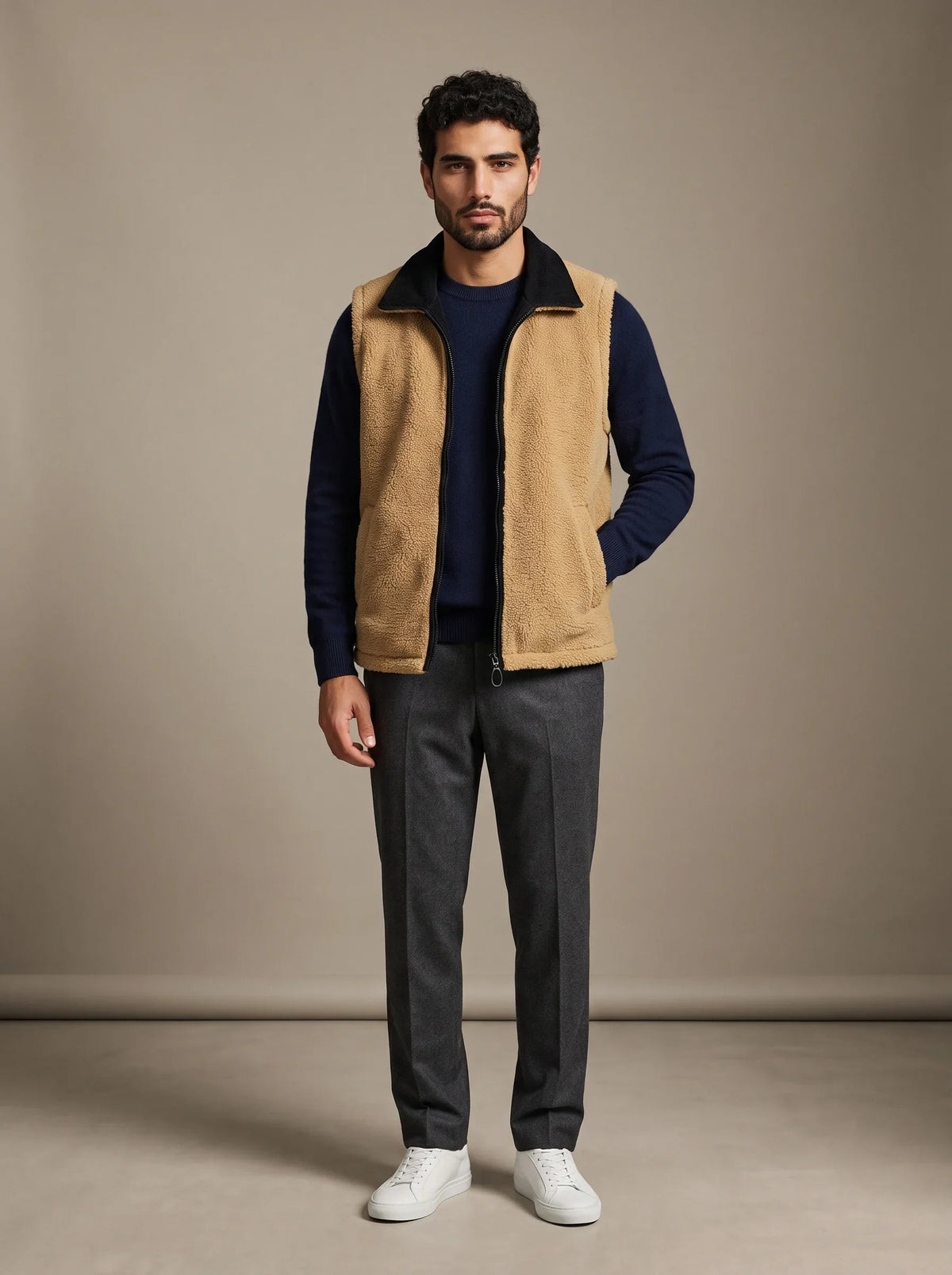 Cortina Black Reversible Gilet, worn sherpa side out