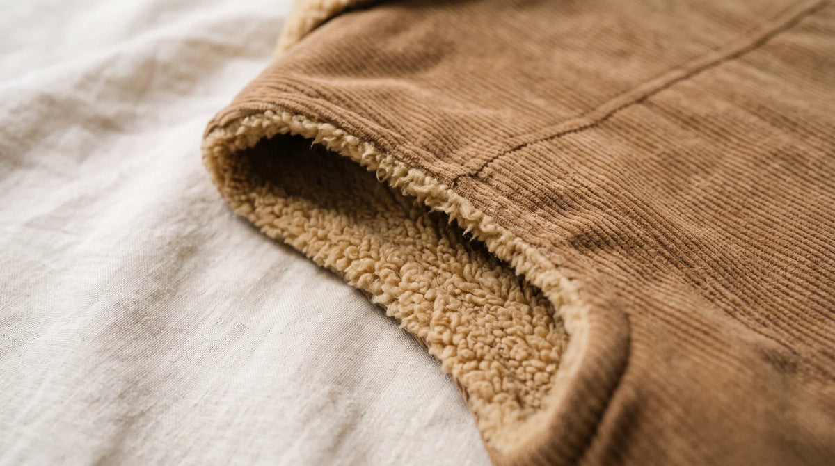 The sherpa lining at the armhole of the caramel Cortina gilet
