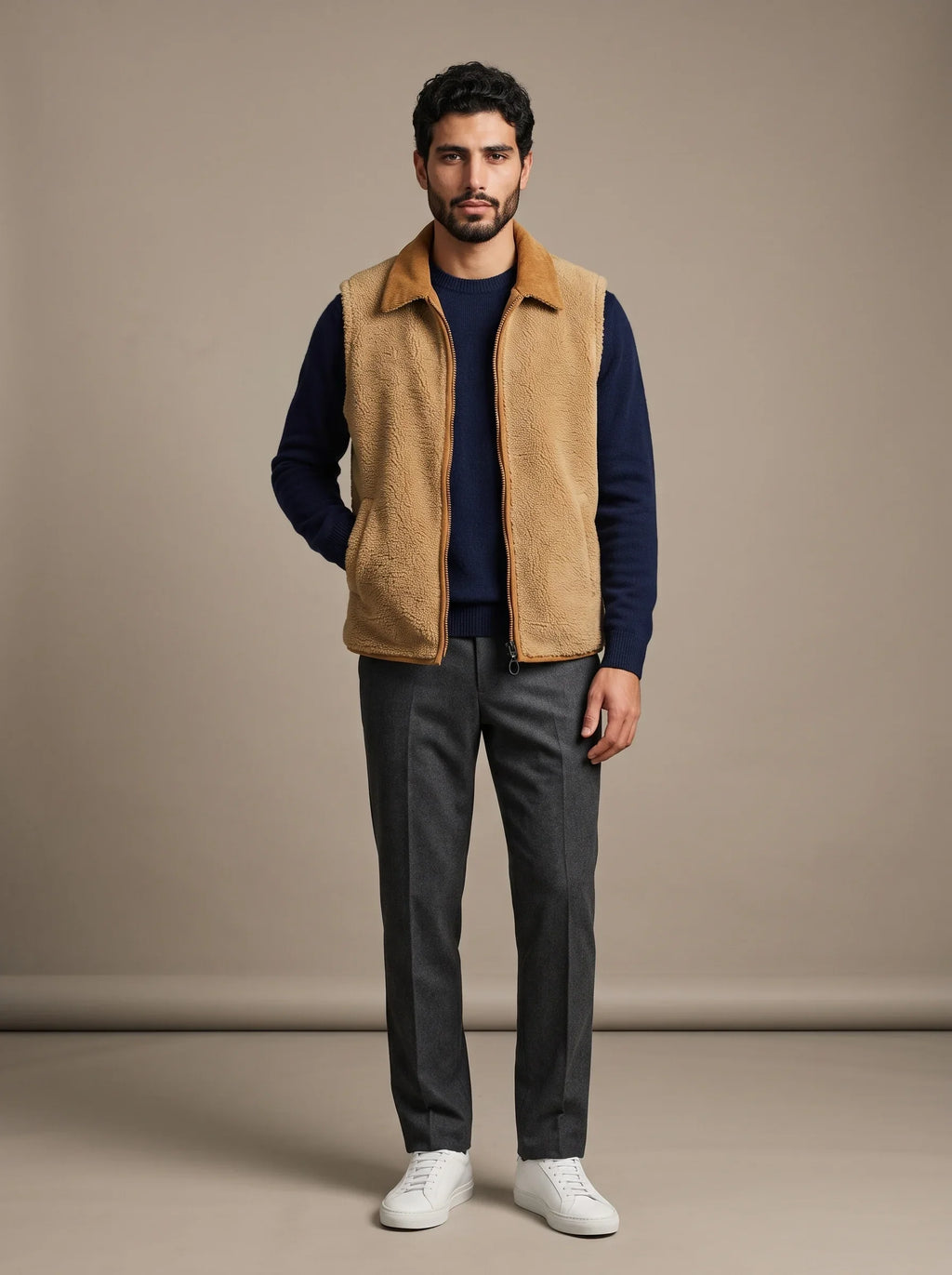 Cortina Caramel Reversible Gilet, worn sherpa side out